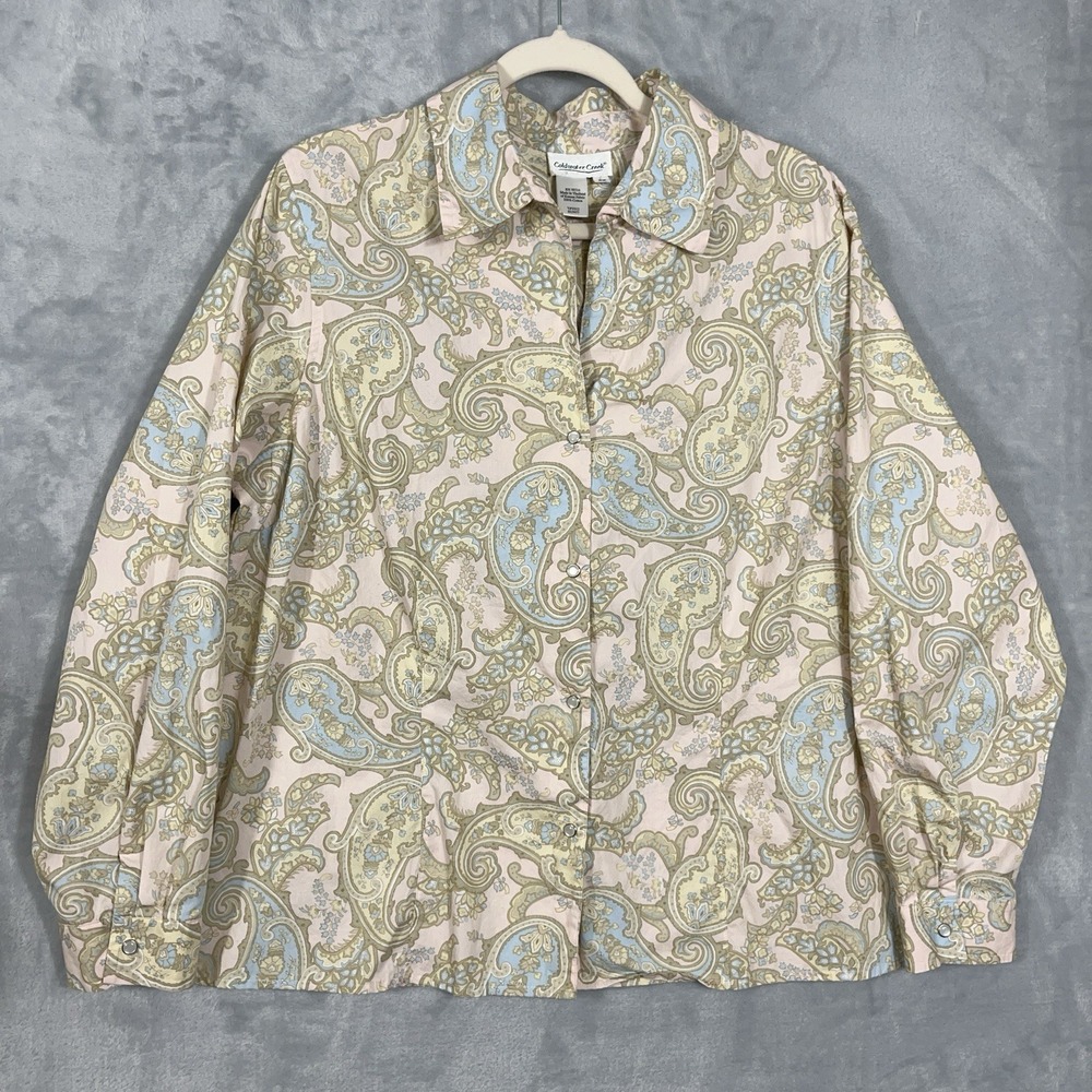 Coldwater Creek Shirt Top Womens 2X Paisley Pearl Snap Spring Colors Cotton‎